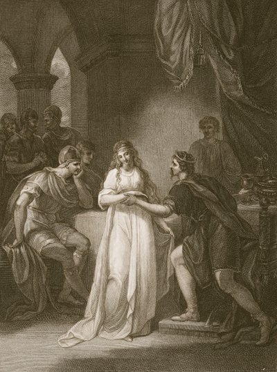 Vortigern ja Rovena, kaiverrus Delatre, kuvitus David Humen "The History of England", pub. R. Bowyer, Lontoo, 1812 tekijältä William Hamilton