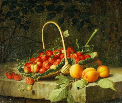 Mansikkakori persikoilla kivireunuksella, 1856 tekijältä William Hammer