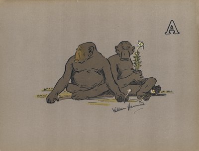 Kirjain A, Esteettiset antropoidiapinat, jotka omaksuvat epänormaalin apaattisen asenteen (värilitho) tekijältä William Hammond