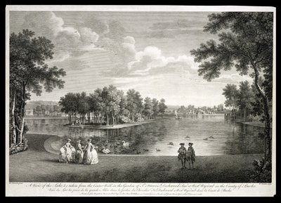 Näkymä järvelle keskustasta Kävele puutarhassa West Wycombessa, Buckinghamshiressä, kaiverrus William Woollett (1735-85) tekijältä William Hannan