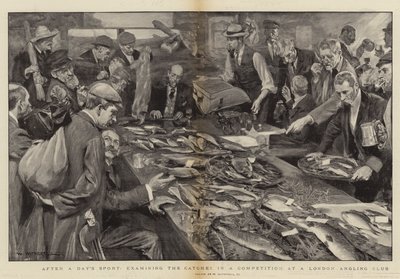 Päivän urheilun jälkeen saaliiden tutkiminen kilpailussa Lontoon Angling Clubilla tekijältä William Hatherell