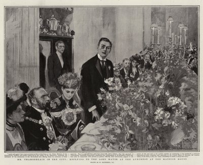 Chamberlain kaupungilla vastaamassa lordipormestarille lounaalla Mansion Housessa. tekijältä William Hatherell