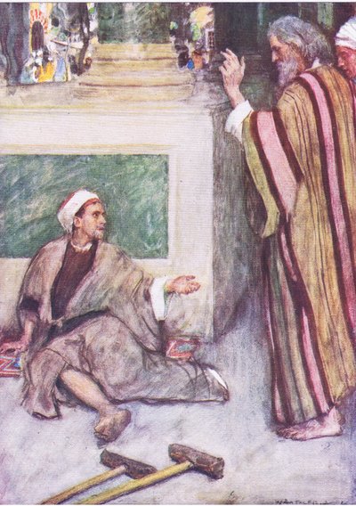 Pietari ja Johannes parantavat ramman miehen, Hodder & Stoughtonin julkaisemasta The Bible Story -teoksesta, n. 1930. tekijältä William Hatherell
