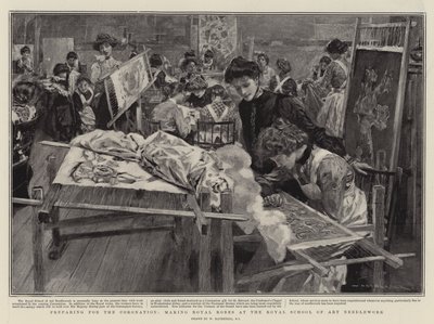 Valmistautuminen kruunajaisiin, kuninkaallisten kaapujen valmistus Royal School of Art Käsityössä tekijältä William Hatherell