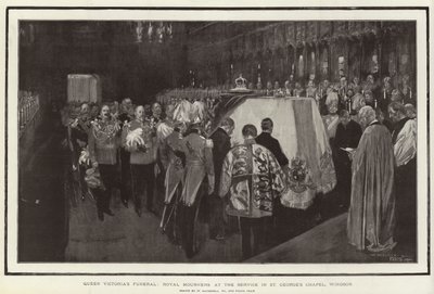 Kuningatar Victorian hautajaiset, kuninkaalliset surejat jumalanpalveluksessa St Georgen kappelissa, Windsor tekijältä William Hatherell