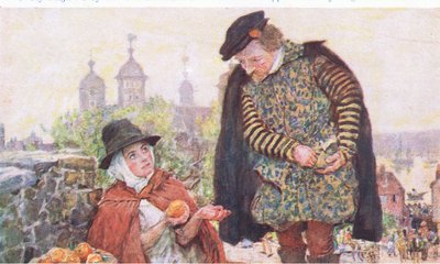 Shakespeare ostaa appelsiinin naiselta Tower Hillissä, My Magazinesta, pub.1922 tekijältä William Hatherell