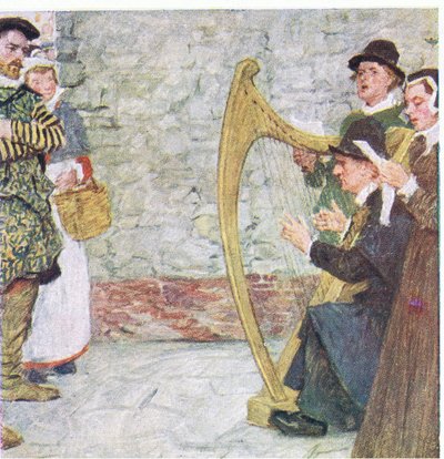 Shakespeare kuuntelee balladilaulajia lähellä Somerset Housea, My Magazine, pub.1922 tekijältä William Hatherell