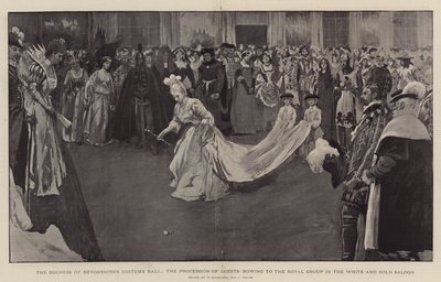 Devonshiren herttuattaren pukutanssiaiset, vieraiden kulkue kumartaa kuninkaalliselle ryhmälle Valkoisen ja kullan salongissa, 1897 tekijältä William Hatherell