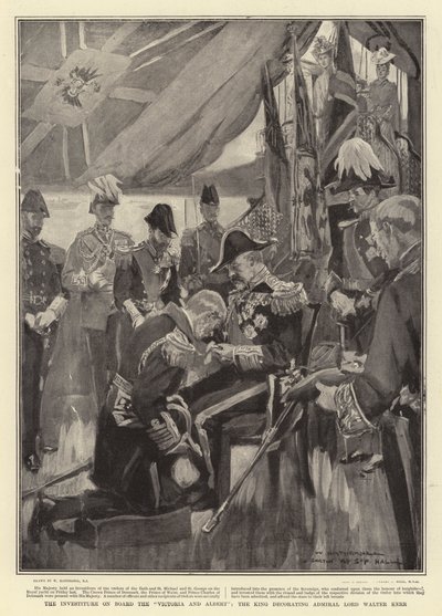 Investiture Victoria and Albert -laivalla, kuningas koristamassa amiraali Lordi Walter Kerria tekijältä William Hatherell