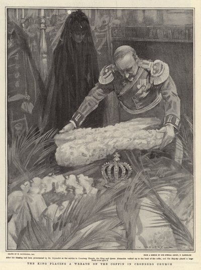 Kuningas asettaa seppeleen arkkuun Cronbergin kirkossa tekijältä William Hatherell