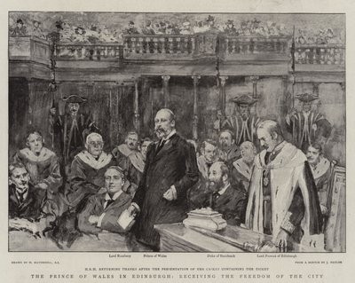 Walesin prinssi Edinburghissa vastaanottamassa kaupungin vapauden kunniamerkkiä. tekijältä William Hatherell