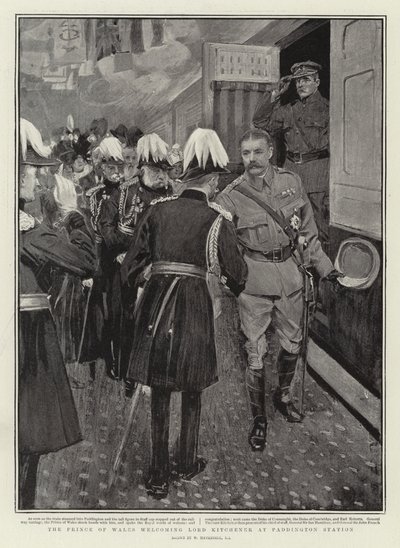 Walesin prinssi toivottaa Lord Kitchenerin tervetulleeksi Paddingtonin asemalla tekijältä William Hatherell