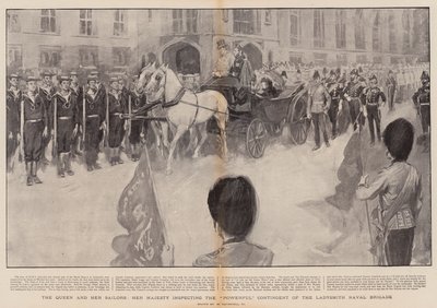 Kuningatar ja hänen merimiehet, hänen majesteettinsa tarkastamassa Ladysmithin laivastoprikaatin voimakasta kontingenttia tekijältä William Hatherell