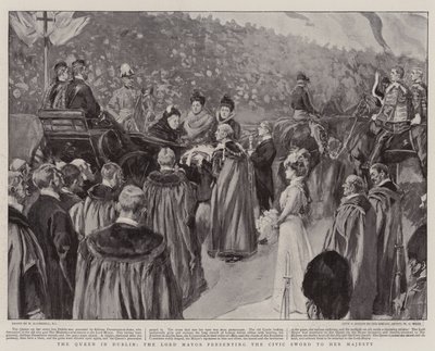 Kuningatar Dublinissa, lordipormestari esittelemässä kansalaismiekan Hänen Majesteettilleen tekijältä William Hatherell