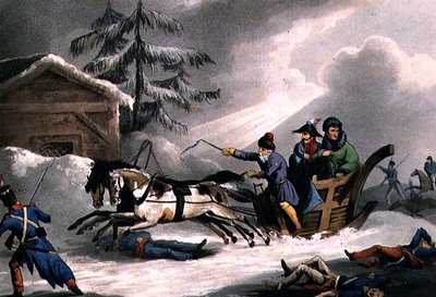 Bonaparten lento Kreivi Vicenzaksi naamioituna Venäjältä, julkaissut 1. maaliskuuta 1814 William Heath (akvatinta) tekijältä William Heath
