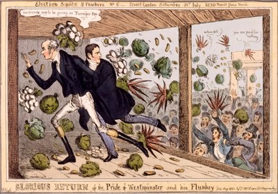 Westminsterin ylpeyden ja hänen apurinsa loistelias paluu, sarjasta "Election Squibs and Crackers", 1830 (käsin väritetty kaiverrus). tekijältä William Heath