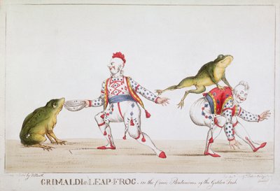 Grimaldin hyppysammakko sarjakuvassa Kultaisen kalan pantomiimi, 1812 tekijältä William Heath