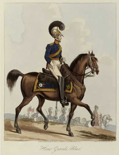 Hevoskaartin sininen, kuninkaallisen hevoskaartin rykmentin univormututkimus, 1820 (värillinen akvatintta). tekijältä William Heath