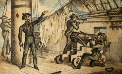 Merijalkaväen kiväärimiehiä toiminnassa tuntemattomalla sota-aluksella, noin 1835 (käsin värjätty etsaus). tekijältä William Heath