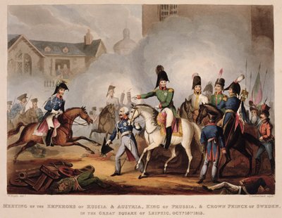 Venäjän ja Itävallan keisarien, Preussin kuninkaan ja Ruotsin kruununprinssin tapaaminen Leipsicin suurella aukiolla 18. lokakuuta 1813 teoksesta "The Martial Achievements of Great Britain and her Al" tekijältä William Heath