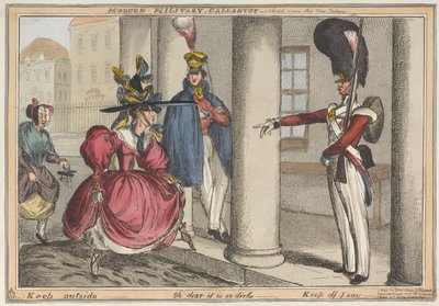 "Modern Military Gallantry - Luonnos lähellä uutta palatsia Pidä ulkona - Voi, se on niin likainen", n. 1829 (värillinen etsaus) tekijältä William Heath