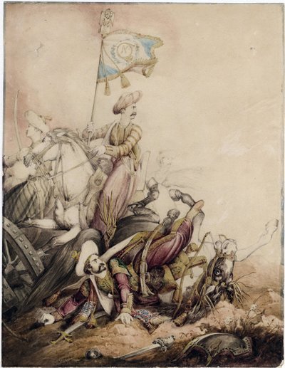 ""Mamluk-lipunkantaja taistelussa"" (Mamluk-lipunkantaja taistelussa) William Heathin (1795-1840) akvarelli - 1818 Koko 33,5x25,9 cm Yksityiskokoelma tekijältä William Heath