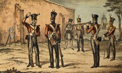 Merijalkaväen sotilaiden nykyinen asu pyöreän maalin ampumaharjoituksissa, noin 1835 (käsin värjätty etsaus). tekijältä William Heath