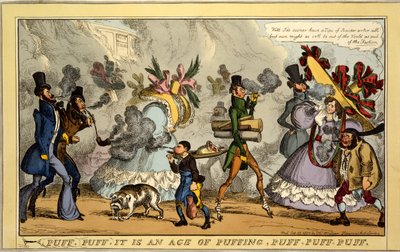 Puff, Puff, se on puffauksen aikakautta, Puff, Puff, Puff, pub. Thos. McLean, Lontoo, 1827 (käsinvärinen kaiverrus) tekijältä William Heath