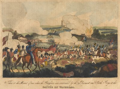Otettu sillä hetkellä, kun 79 rykmentti ja skotlantilaiset harmaat piirittivät Cuirassiersin Waterloon taistelussa 18. kesäkuuta 1815, kaivertanut Romney ja julkaissut Richard Evans, 1816 (co. tekijältä William Heath