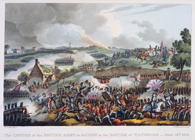 Brittiarmeijan keskus toiminnassa Waterloon taistelussa, 18. kesäkuuta 1815, James Jenkinsin teoksesta The Martial Achievements of Great Britain and her Allies from 1799-1815, kaiverrus Tho tekijältä William Heath