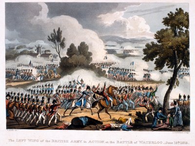 Brittiarmeijan vasen siipi toiminnassa Waterloon taistelussa, kaiverrus Thomas Sutherland, 1815 (värillinen akvatinta) tekijältä William Heath