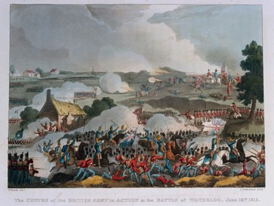 Britannian armeijan keskusta Waterloon taistelussa 1815 (akvatintta). tekijältä William Heath