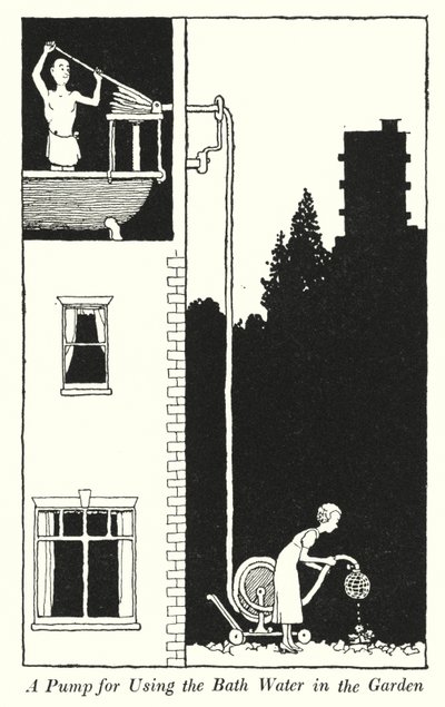 Pumppu kylpyveden käyttämiseen puutarhassa (litho) tekijältä William Heath Robinson
