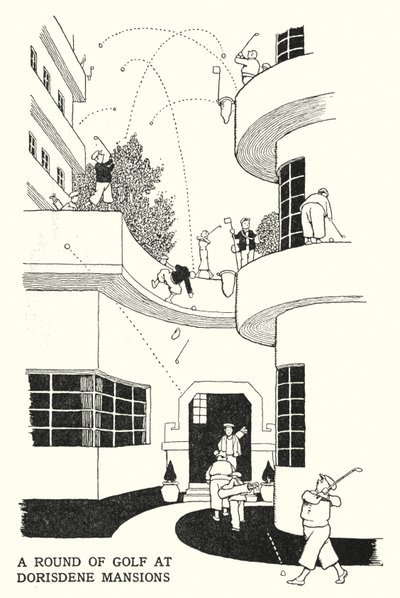 Golfkierros Dorisdene Mansionsissa (litho) tekijältä William Heath Robinson