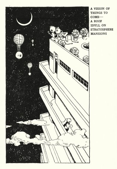 Visio tulevista asioista, katto-idylli Stratospheren kartanoissa (litho) tekijältä William Heath Robinson