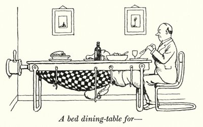 Sänky-ruokapöytä (litho) tekijältä William Heath Robinson