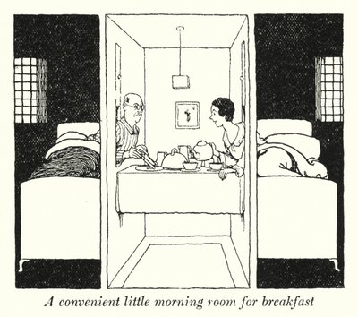 Kätevä pieni aamuhuone aamiaista varten (litho) tekijältä William Heath Robinson