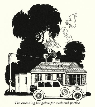 Laajentuva bungalow viikonloppujuhliin (litho) tekijältä William Heath Robinson