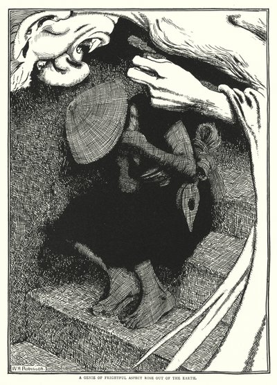 Pelottavan näköinen henki nousi maasta (kaiverrus) tekijältä William Heath Robinson