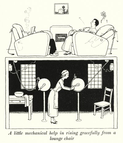 Hieman mekaanista apua nousemiseen kauniisti lepotuolista (litho) tekijältä William Heath Robinson