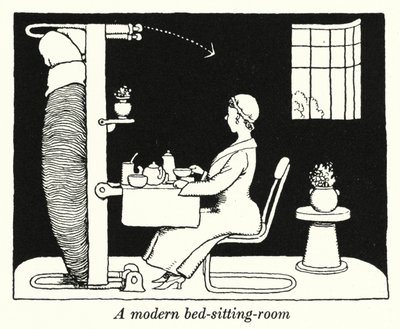 Moderni makuuhuone (litho) tekijältä William Heath Robinson