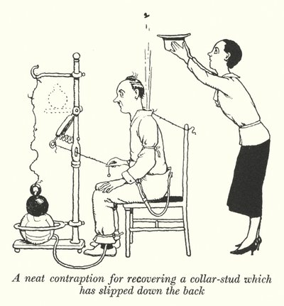 Siisti väline selästä luisuneen kaulusnastan palauttamiseen (litho) tekijältä William Heath Robinson