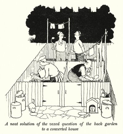 Siisti ratkaisu kiusalliseen kysymykseen takapihasta kunnostettuun taloon (litho) tekijältä William Heath Robinson
