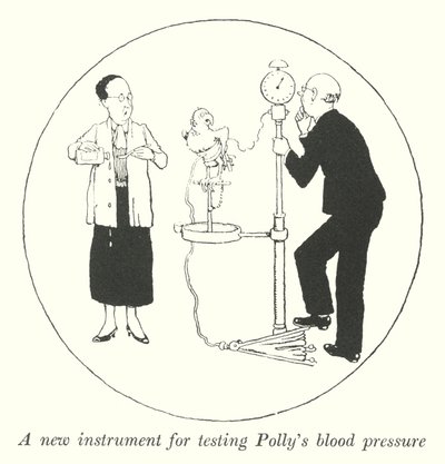Uusi instrumentti Pollyn verenpaineen mittaamiseen (litho) tekijältä William Heath Robinson