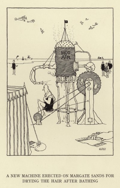 Margate Sandsiin pystytettiin uusi kone hiusten kuivaamiseen kylvyn jälkeen tekijältä William Heath Robinson