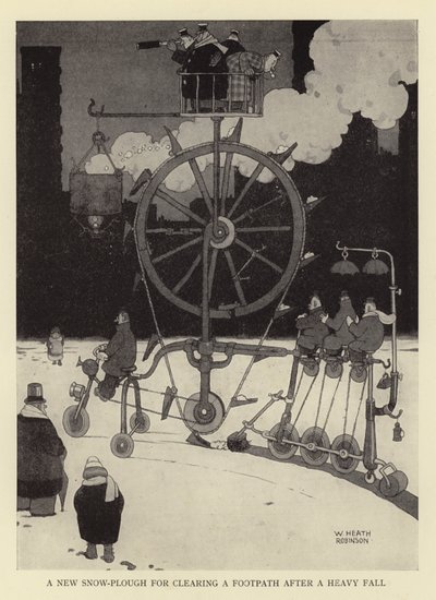 Uusi lumiaura kävelytien raivaamiseen raskaan kaatumisen jälkeen tekijältä William Heath Robinson