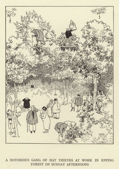 Pahamaineinen hattuvarasjengi töissä Epping Forestissa sunnuntai-iltapäivisin tekijältä William Heath Robinson