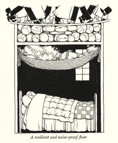 Kimmoisa ja melutiivis lattia (litho) tekijältä William Heath Robinson