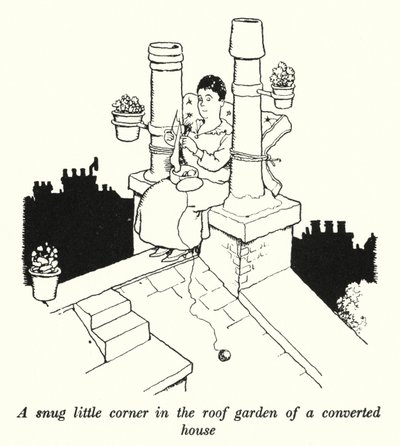 Kodikas pieni nurkka muunnetun talon kattopuutarhassa (litho) tekijältä William Heath Robinson