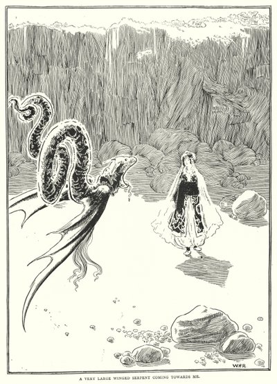 Hyvin suuri siivekäs käärme tulee minua kohti (kaiverrus) tekijältä William Heath Robinson